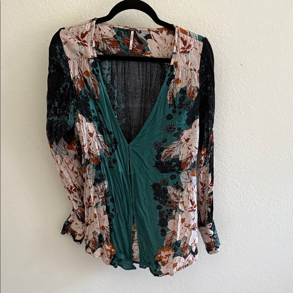 Free People Teal and Black Floral Blouse
